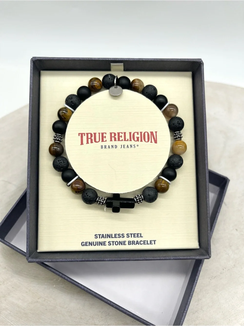 True Religion Men's Stone Cross Bracelet Stainless Steel Tiger Eye Onyx Box